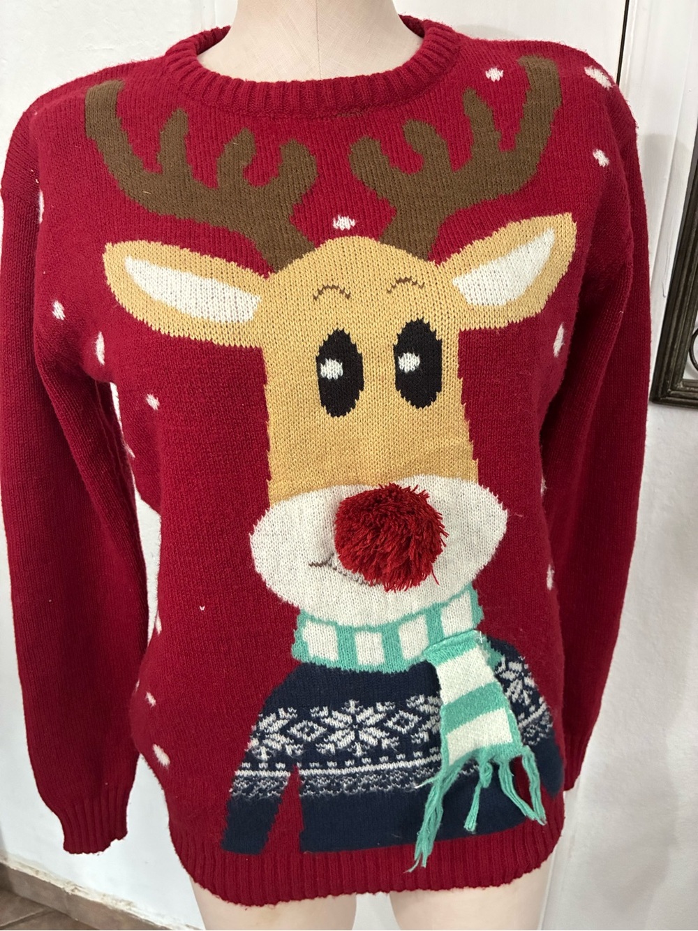 Daisys Boutique Red Reindeer Pom-Pom Crewneck Sweater